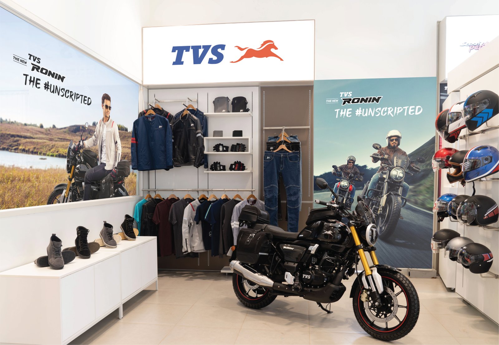 Interior of a modern industrial motorcycle showroom